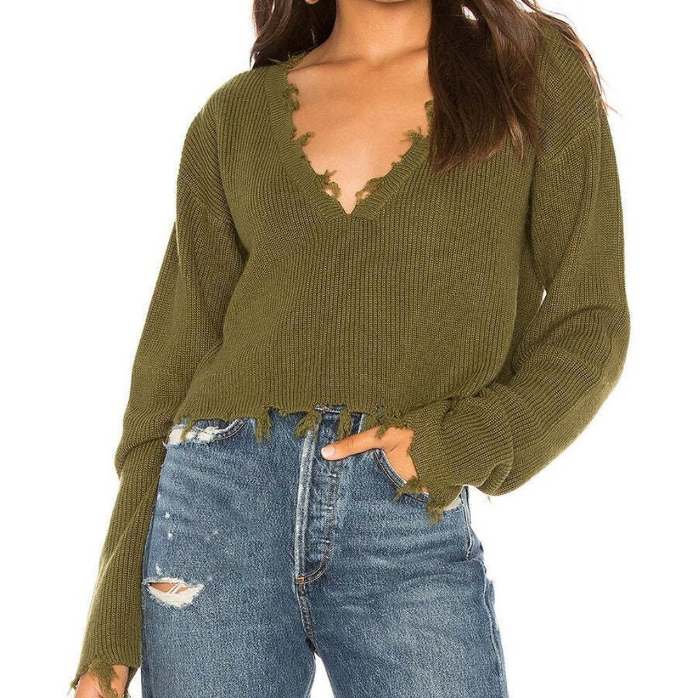 Lovers + Friends Olive Green Frayed V neck Cropped Sweater